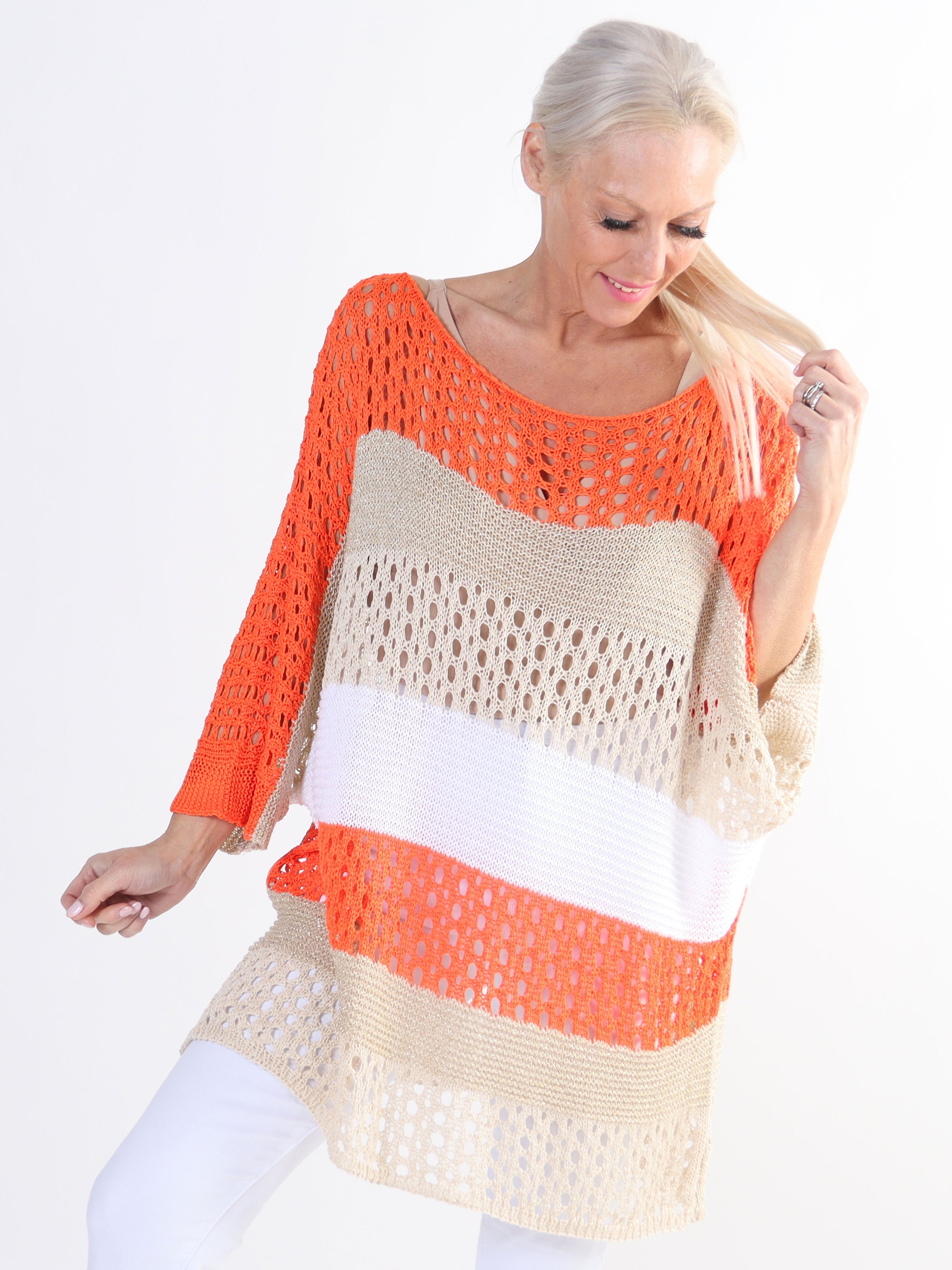 Evelina - Randig plus size-stickning med spetsmönster och glittertrådar